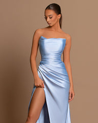 Elegant Light Blue Evening Dress Off The Shoulder with Pleated Slit Ball Gown