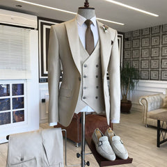 Elegant Light Khaki Three-Piece Blazer Suit with Peaked Lapel