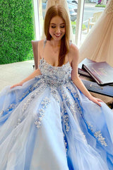 Elegant Light Sky Blue Long Prom Dress with Appliques