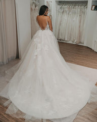 Elegant Long A-Line V-Neck Wedding Dress with Open Back and Tulle