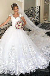 Elegant Long Cap Sleeve Princess Wedding Dress with Tulle Lace