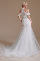 Elegant Long Mermaid Halter Tulle Floor-Length Wedding Dress with Lace Appliques