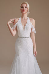 Elegant Long Mermaid Halter Tulle Floor-Length Wedding Dress with Lace Appliques