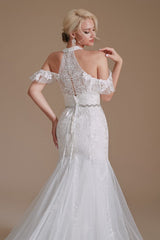 Elegant Long Mermaid Halter Tulle Floor-Length Wedding Dress with Lace Appliques
