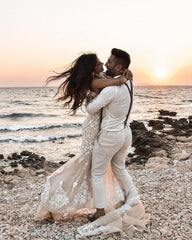 Elegant Long Mermaid V-Neck Floral Lace Wedding Dress with Backless Design