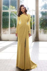 Elegant Long Sleeve Asymmetric Prom Dress with Split and Pleats