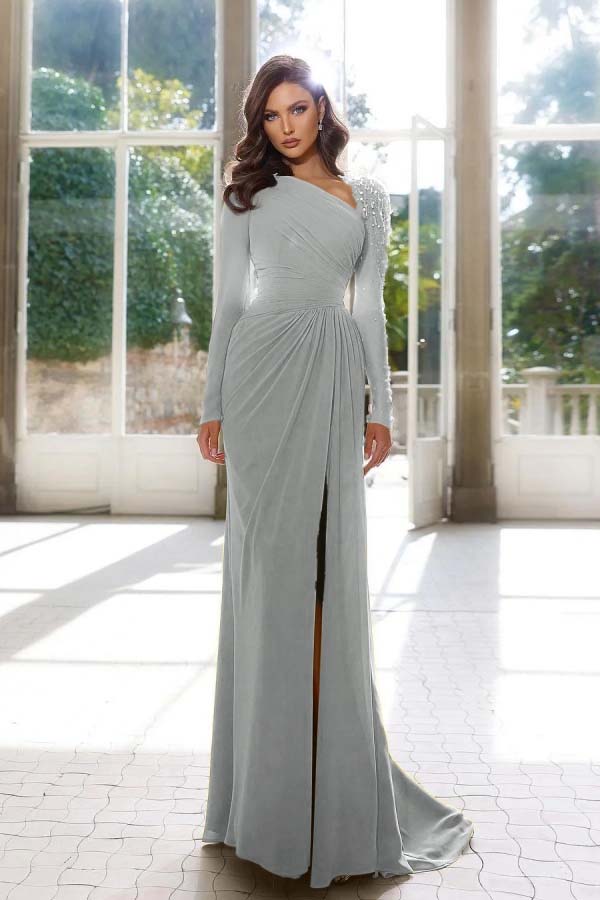 Elegant Long Sleeve Asymmetric Prom Dress with Split and Pleats