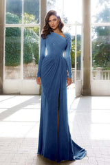 Elegant Long Sleeve Asymmetric Prom Dress with Split and Pleats