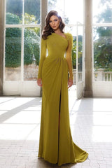 Elegant Long Sleeve Asymmetric Prom Dress with Split and Pleats