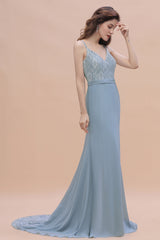 Elegant Mermaid Chiffon Lace Dusty Blue Bridesmaid Dress with Spaghetti Straps On Sale-Babyonlines