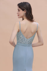 Elegant Mermaid Chiffon Lace Dusty Blue Bridesmaid Dress with Spaghetti Straps On Sale-Babyonlines