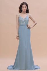 Elegant Mermaid Chiffon Lace Dusty Blue Bridesmaid Dress with Spaghetti Straps On Sale-Babyonlines