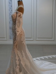 Elegant Mermaid Strapless Long Sleeve Lace Tulle Wedding Dress