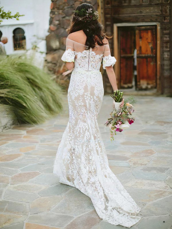 Elegant Off-the-shoulder Lace Sheath/Column Sweep Train Wedding Dress