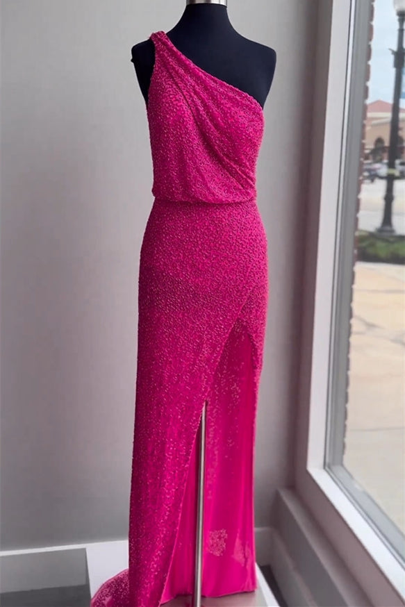 Elegant One-Shoulder Beaded Long Formal Dress with Slit