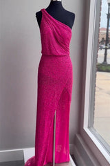 Elegant One-Shoulder Beaded Long Formal Dress with Slit