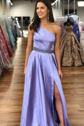 Elegant One Shoulder Lavender Prom Dress with Beading Belt