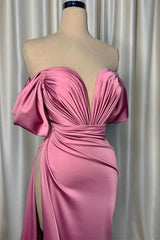 Elegant Pink Charmeuse V Neck Pleated Slit Evening Dress