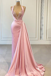 Elegant Pink Halter Mermaid Prom Dress with Shining V Neck