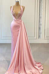 Elegant Pink Halter Mermaid Prom Dress with Shining V Neck