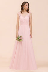 Elegant Pink Lace Straps Ruffle Affordable Bridesmaid Dress-Babyonlines