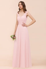 Elegant Pink Lace Straps Ruffle Affordable Bridesmaid Dress-Babyonlines