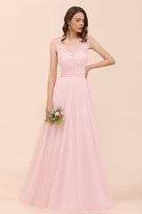 Elegant Pink Lace Straps Ruffle Affordable Bridesmaid Dress-Babyonlines