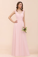 Elegant Pink Lace Straps Ruffle Affordable Bridesmaid Dress-Babyonlines