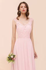 Elegant Pink Lace Straps Ruffle Affordable Bridesmaid Dress-Babyonlines