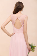 Elegant Pink Lace Straps Ruffle Affordable Bridesmaid Dress-Babyonlines