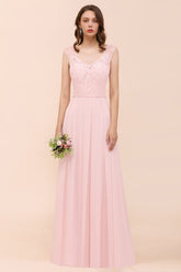 Elegant Pink Lace Straps Ruffle Affordable Bridesmaid Dress-Babyonlines
