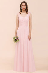 Elegant Pink Lace Straps Ruffle Affordable Bridesmaid Dress-Babyonlines