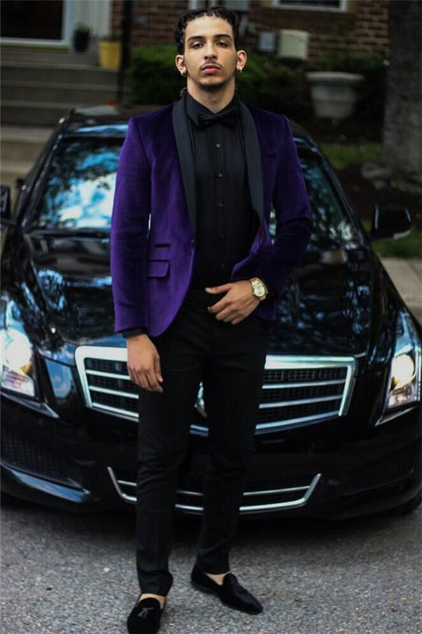 Elegant Purple Velvet Two-Piece Wedding Suit with Black Lapel