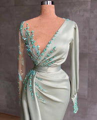 Elegant Long Sleeve Sage Mermaid Long Evening Dress with Appliques