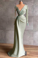 Elegant Long Sleeve Sage Mermaid Long Evening Dress with Appliques