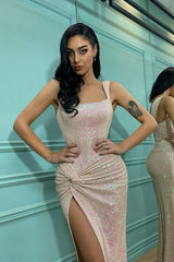 Elegant Sequin Shoulder Straps Mermaid Evening Dress with Split