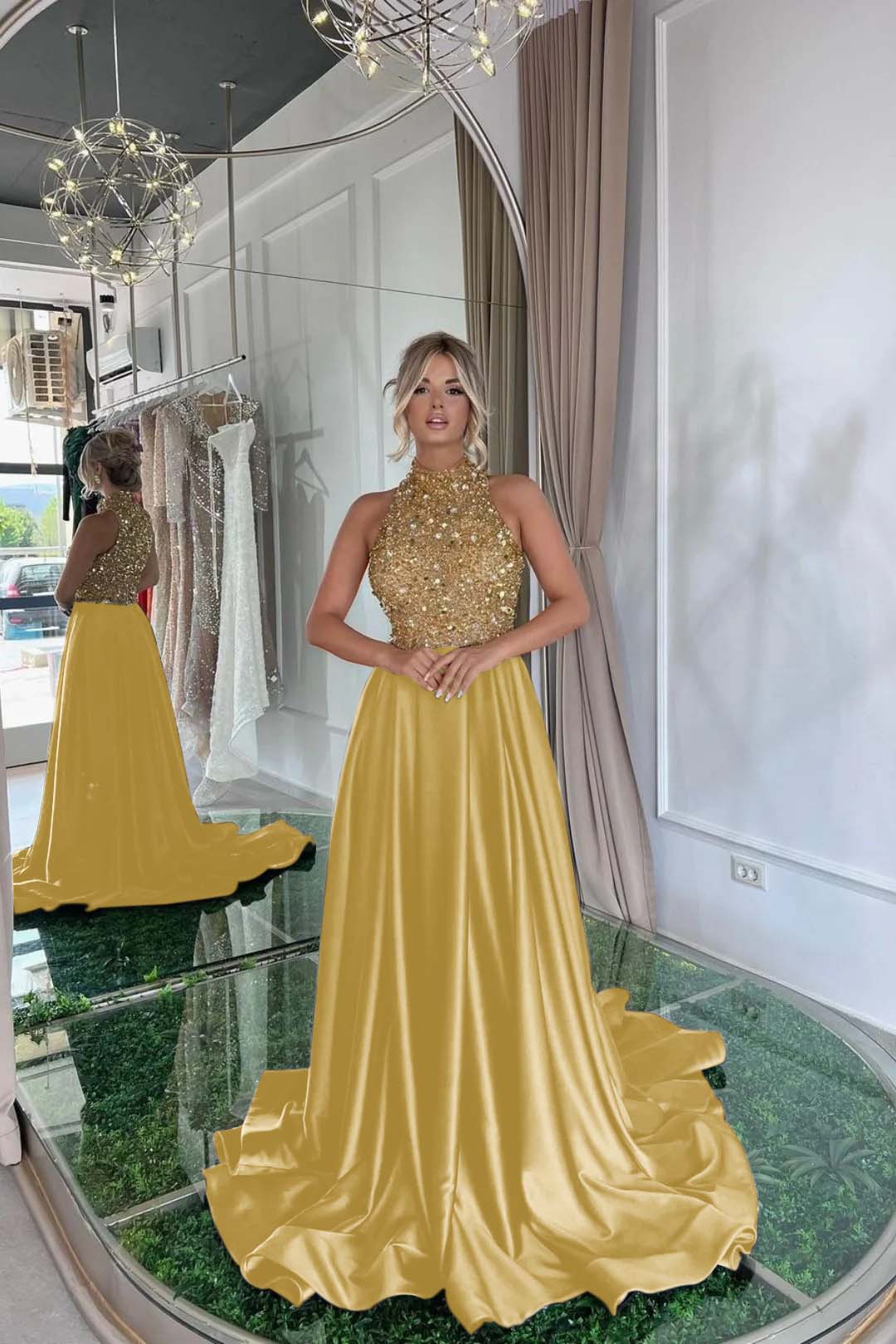 Elegant Halter Gold and Black Long Prom Dress with Sequins
