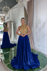 Elegant Halter Gold and Black Long Prom Dress with Sequins