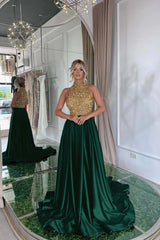 Elegant Halter Gold and Black Long Prom Dress with Sequins