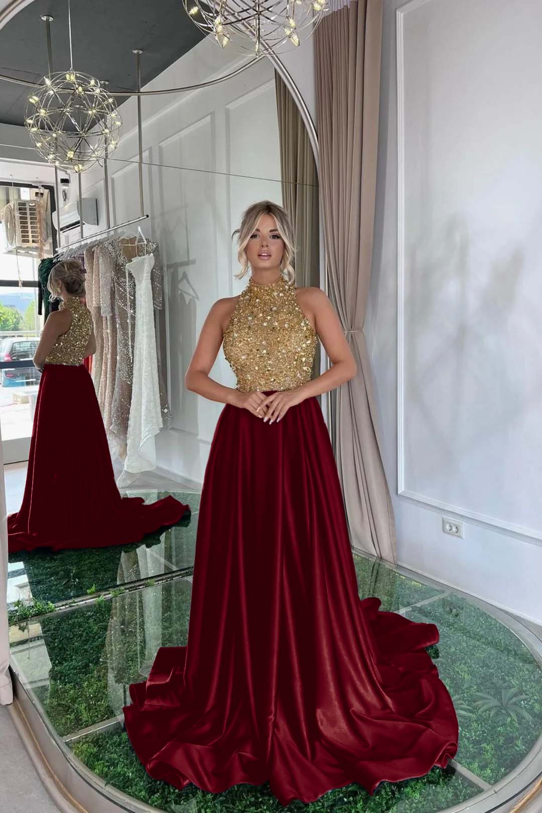 Elegant Halter Gold and Black Long Prom Dress with Sequins