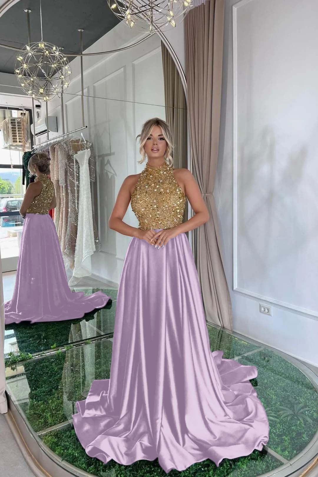 Elegant Halter Gold and Black Long Prom Dress with Sequins