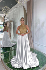 Elegant Halter Gold and Black Long Prom Dress with Sequins