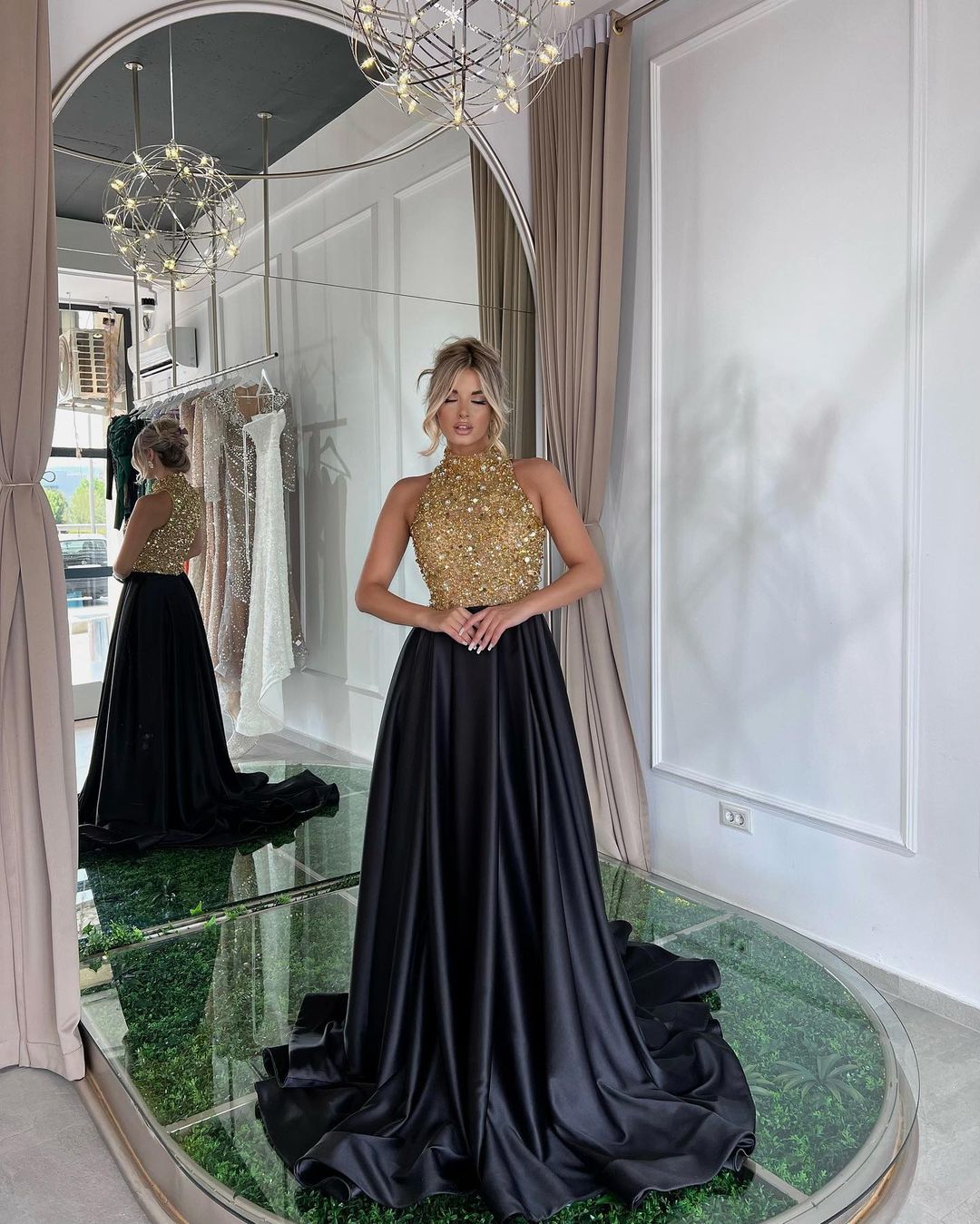 Elegant Halter Gold and Black Long Prom Dress with Sequins