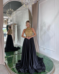 Elegant Halter Gold and Black Long Prom Dress with Sequins