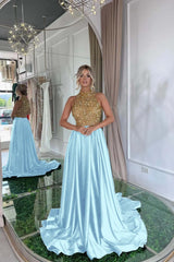 Elegant Halter Gold and Black Long Prom Dress with Sequins