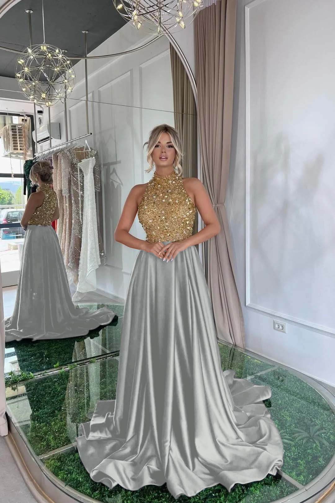 Elegant Halter Gold and Black Long Prom Dress with Sequins