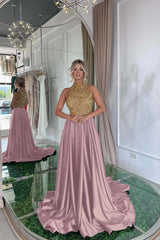 Elegant Halter Gold and Black Long Prom Dress with Sequins
