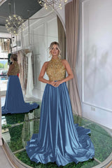 Elegant Halter Gold and Black Long Prom Dress with Sequins