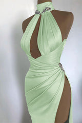 Elegant Sexy Champagne Gold Evening Dress Off-the-Shoulder High Neck with Pleated Slit