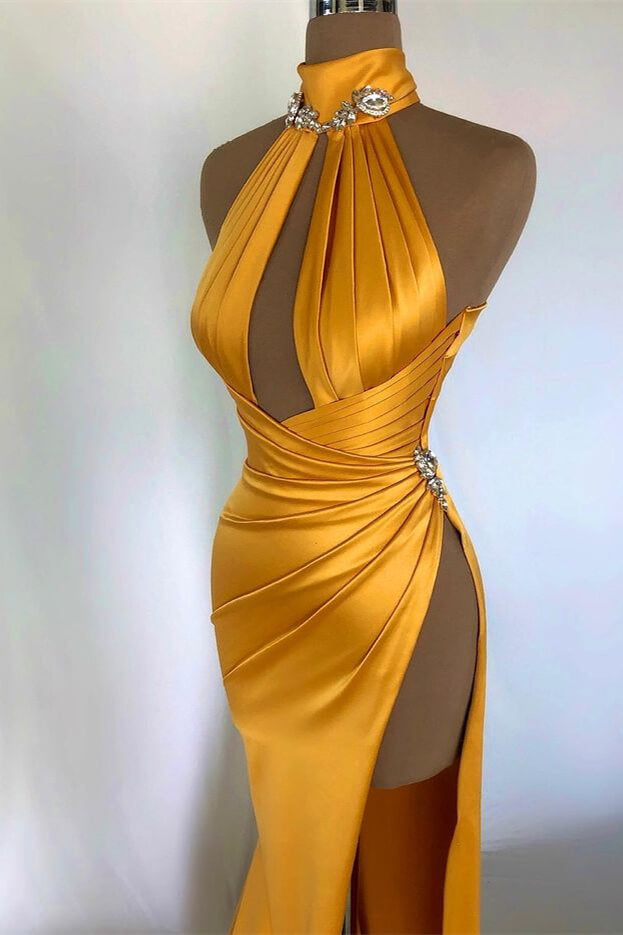 Elegant Sexy Champagne Gold Evening Dress Off-the-Shoulder High Neck with Pleated Slit